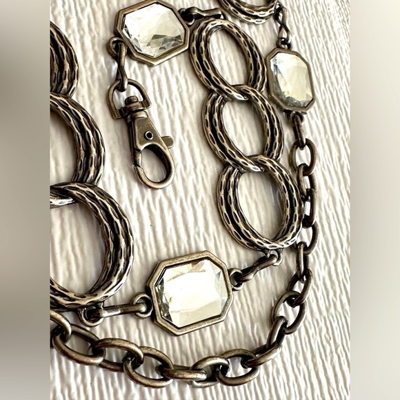 Women’s Chain Belt Hip & Waist Square Rhinestones Modern Metal Links Silvertone - Picture 1 of 7